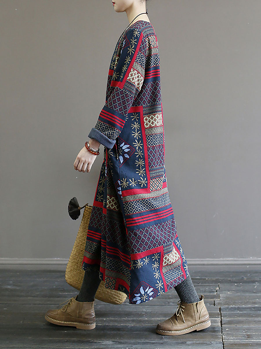 Folk Patchwork Print Long Sleeve Contrast Cuff Crew Neck Maxi Dress