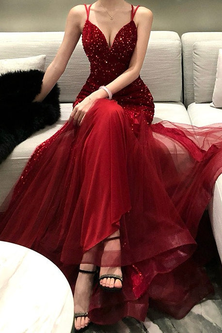 Sequin Sweetheart Spaghetti Strap Tulle Mermaid Maxi Gown