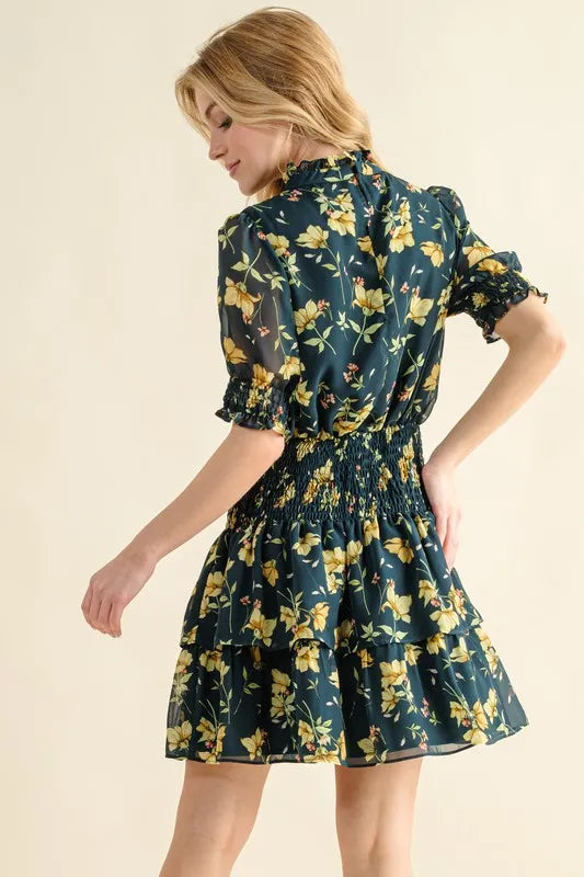 Floral Print Mock Neck Puff Sleeve Smocked Waist Tiered Mini Dress 4