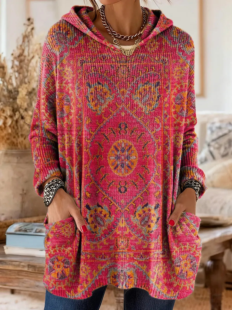 Medallion Print Hooded Oversized Tunic Sweater
