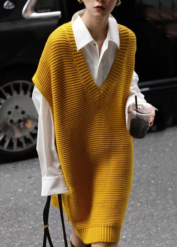 Oversized Knit Deep V-Neck Sleeveless Side Slit Mini Dress
