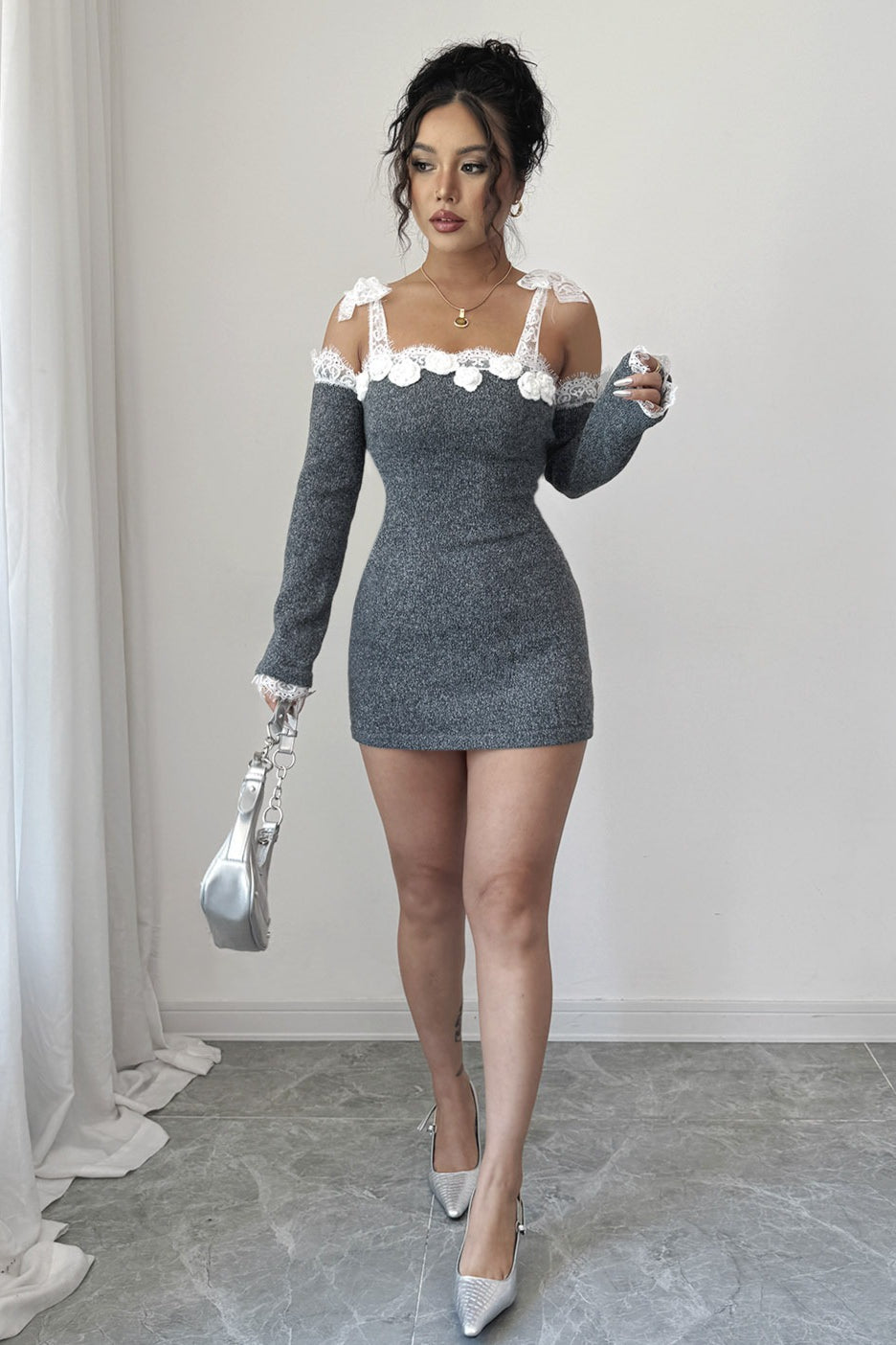 Lace Trim Off Shoulder Sweater Dress 3
