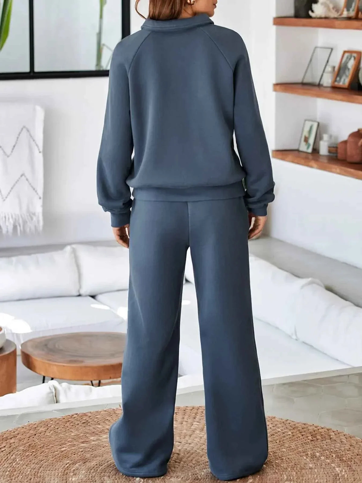 Collared Button Placket Sweatshirt and Seam Front Wide Leg Pants Two Piece Set 18