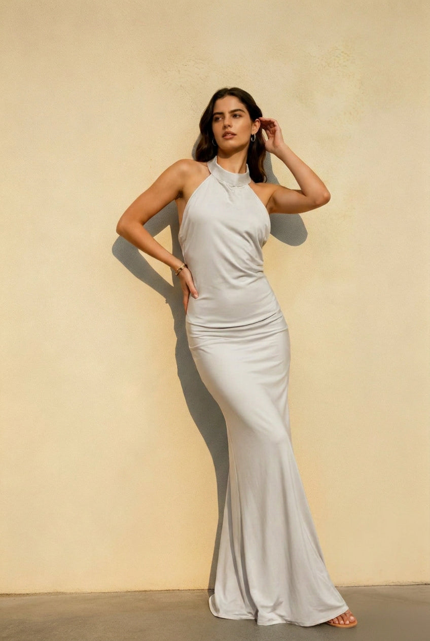 Backless Halter-Neck Satin Dress