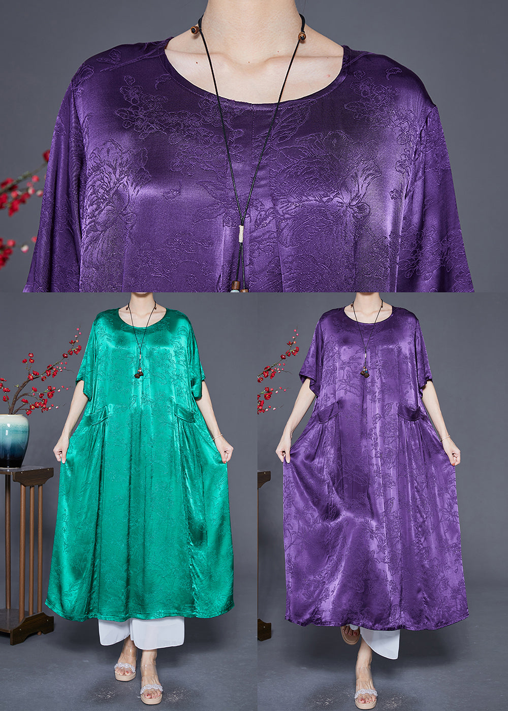 Jacquard Floral Patch Pocket Short Sleeve Round Neck Oversized Maxi Dress