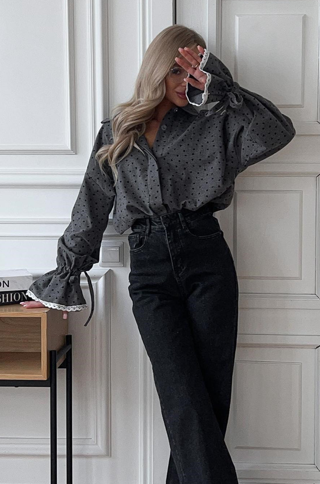 Heart Print Collared Lace Trim Flared Cuff Oversized Shirt 2