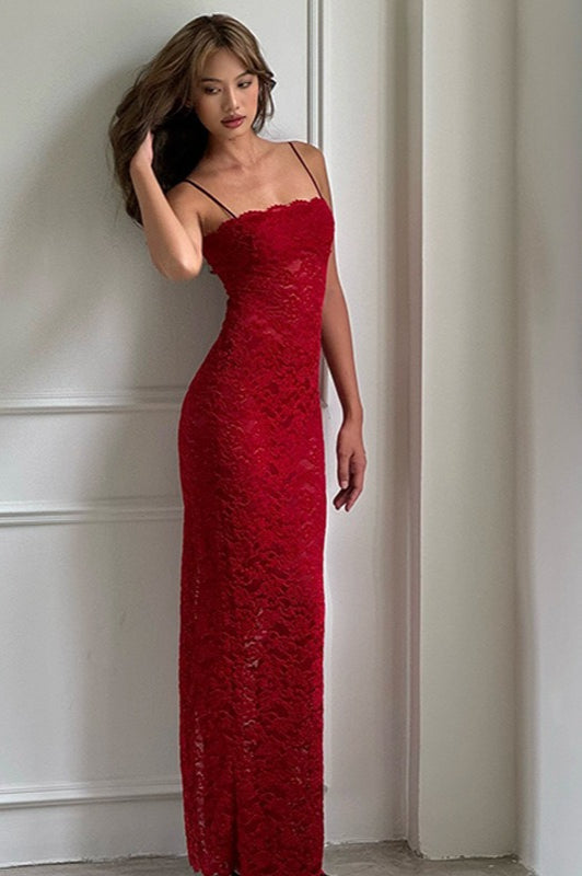 Red Strapless Cami Maxi Lace Dress - View 4