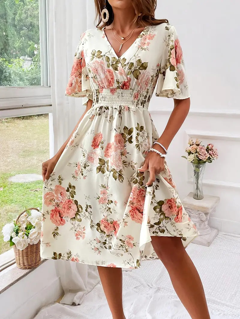 Floral Print V-Neck Flutter Sleeve Shirred Waist Midi Dress