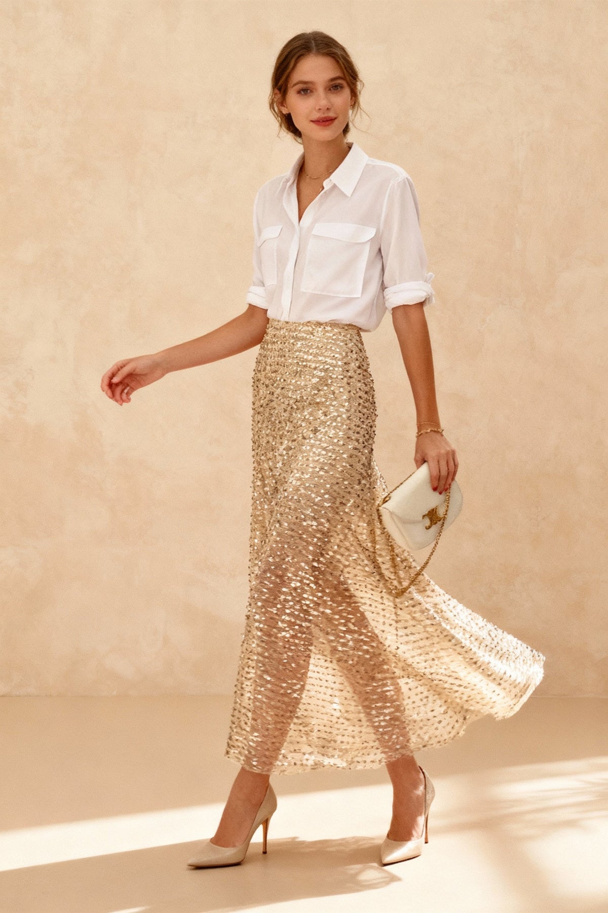 Sequin Mesh High Waist Sheer Overlay A-Line Maxi Skirt