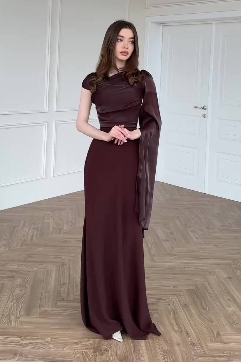 Chiffon One Shoulder Cape Sleeve Ruched High Slit Maxi Dress