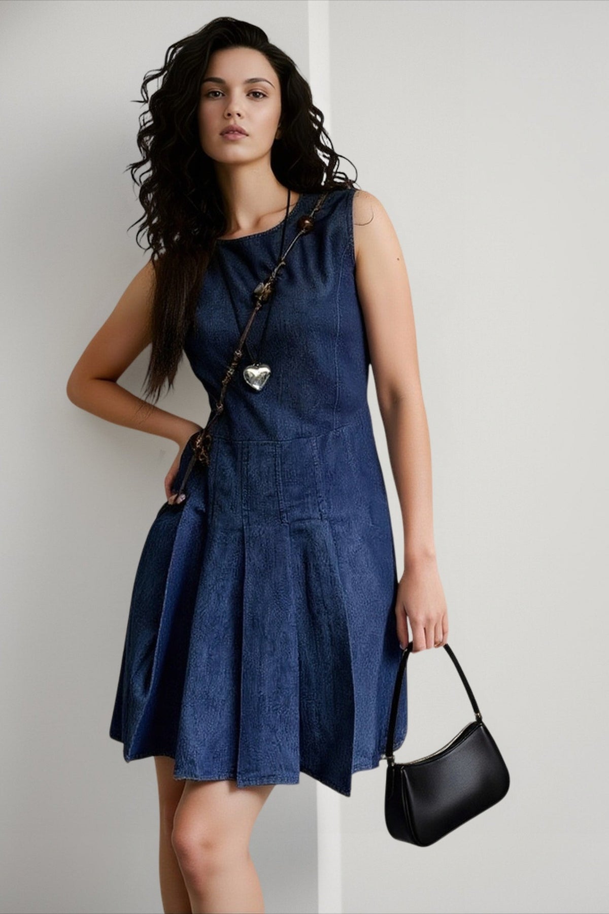 Denim-Look Round Neck Sleeveless Drop Waist Pleated Mini Dress 2
