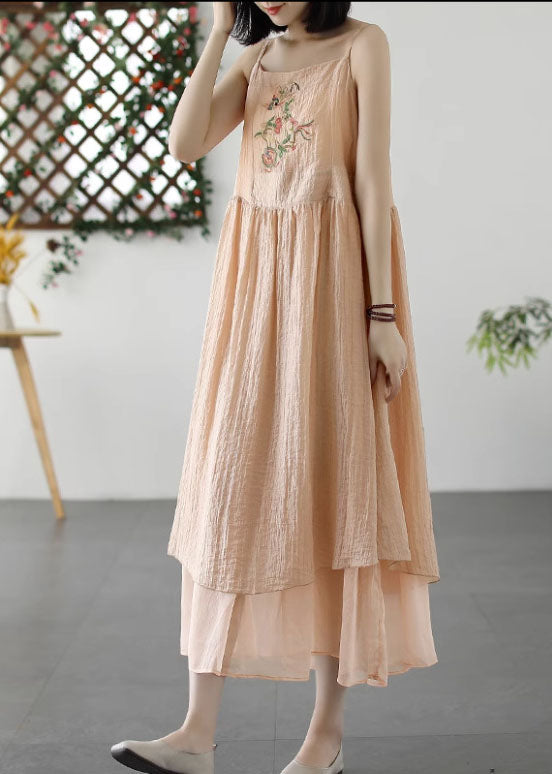 Embroidered Floral Bird Patch Spaghetti Strap Square Neck Empire Tiered Midi Dress