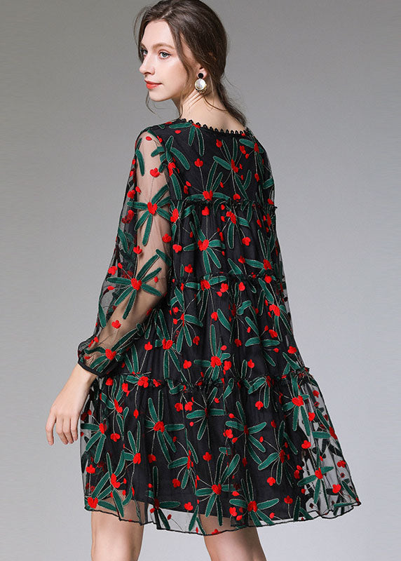 Floral Embroidered Mesh Overlay Long Sleeve Tiered Ruffle A-Line Mini Dress