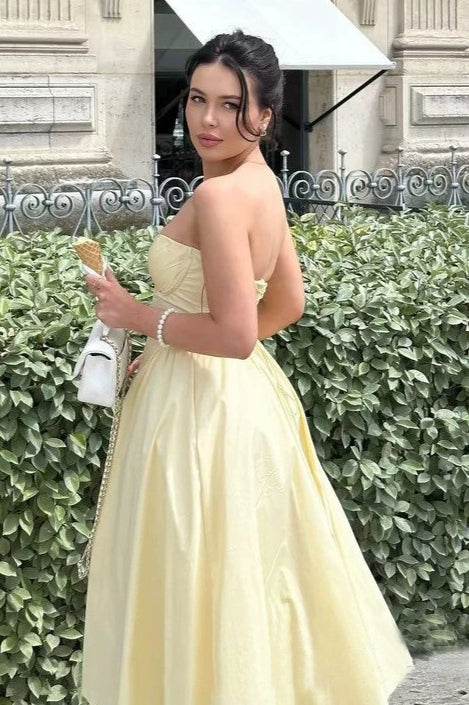 Strapless Bow Corset Satin Fit and Flare Midi Dress
