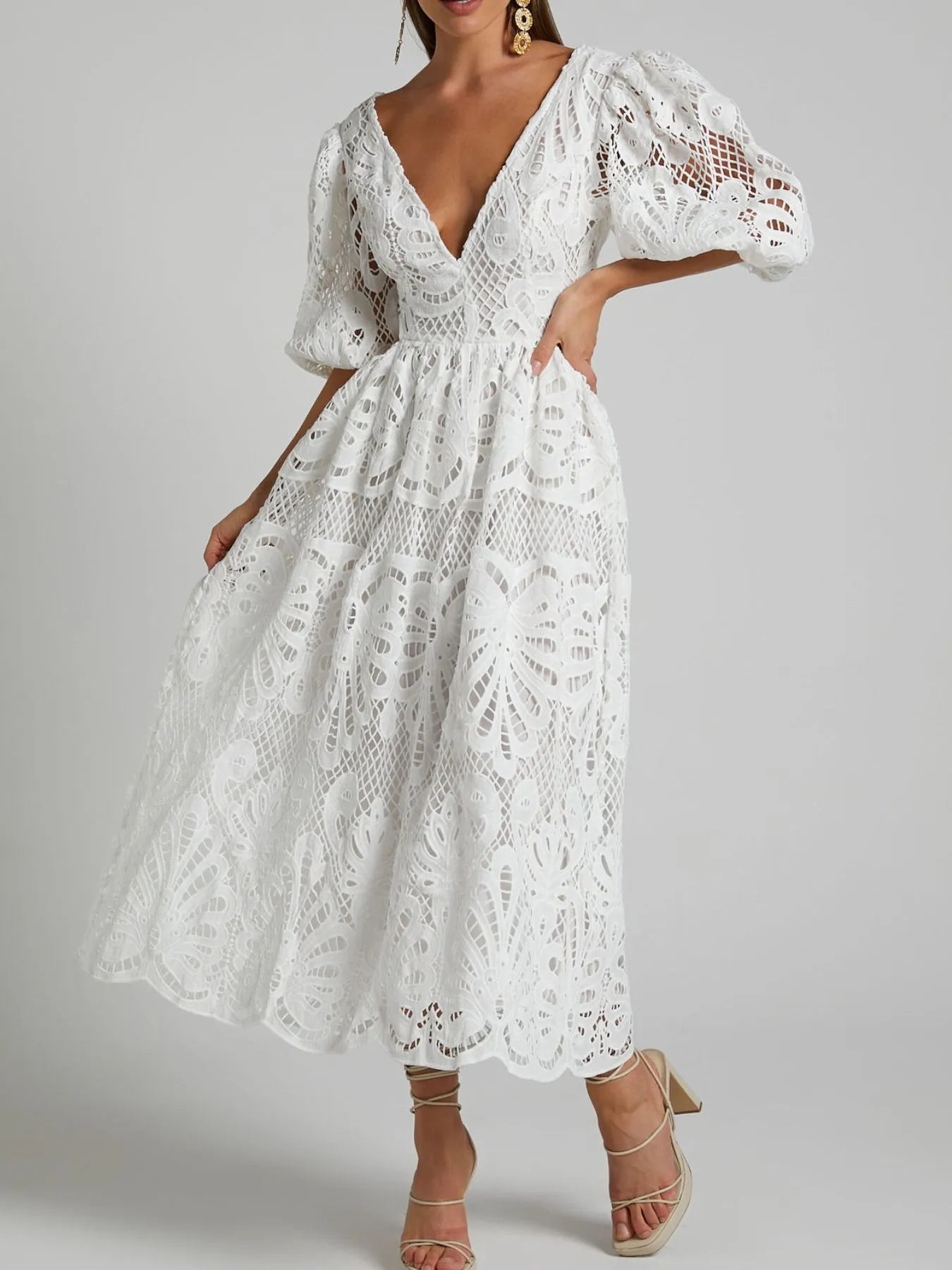 Lace Deep V-Neck Puff Sleeve Cut Out Waist A-Line Midi Dress
