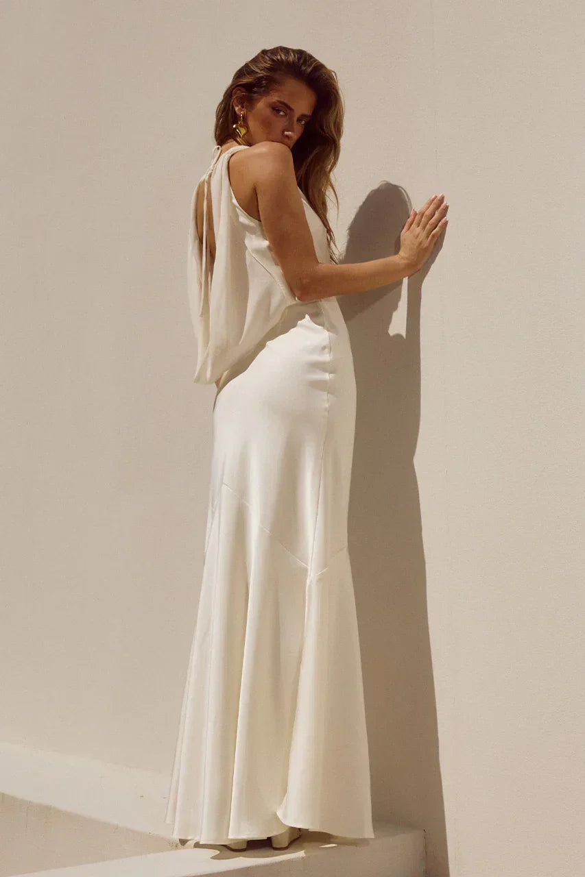Satin Cowl Neck Sleeveless Draped Back Cape Maxi Dress 6