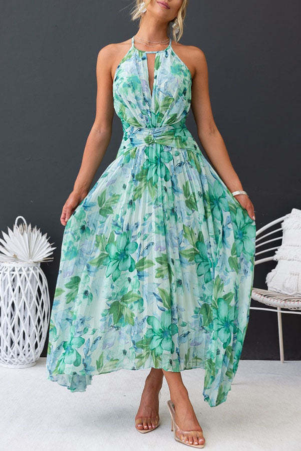Chiffon Halter Neck Keyhole Twist Waist Pleated Floral Maxi Dress