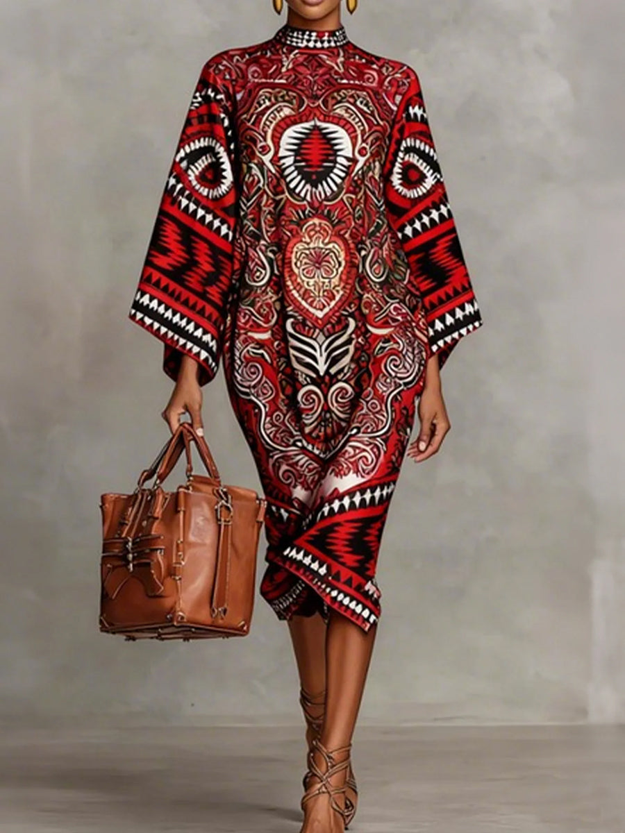 Aztec Print High Neck Long Sleeve Twist Front Midi Dress