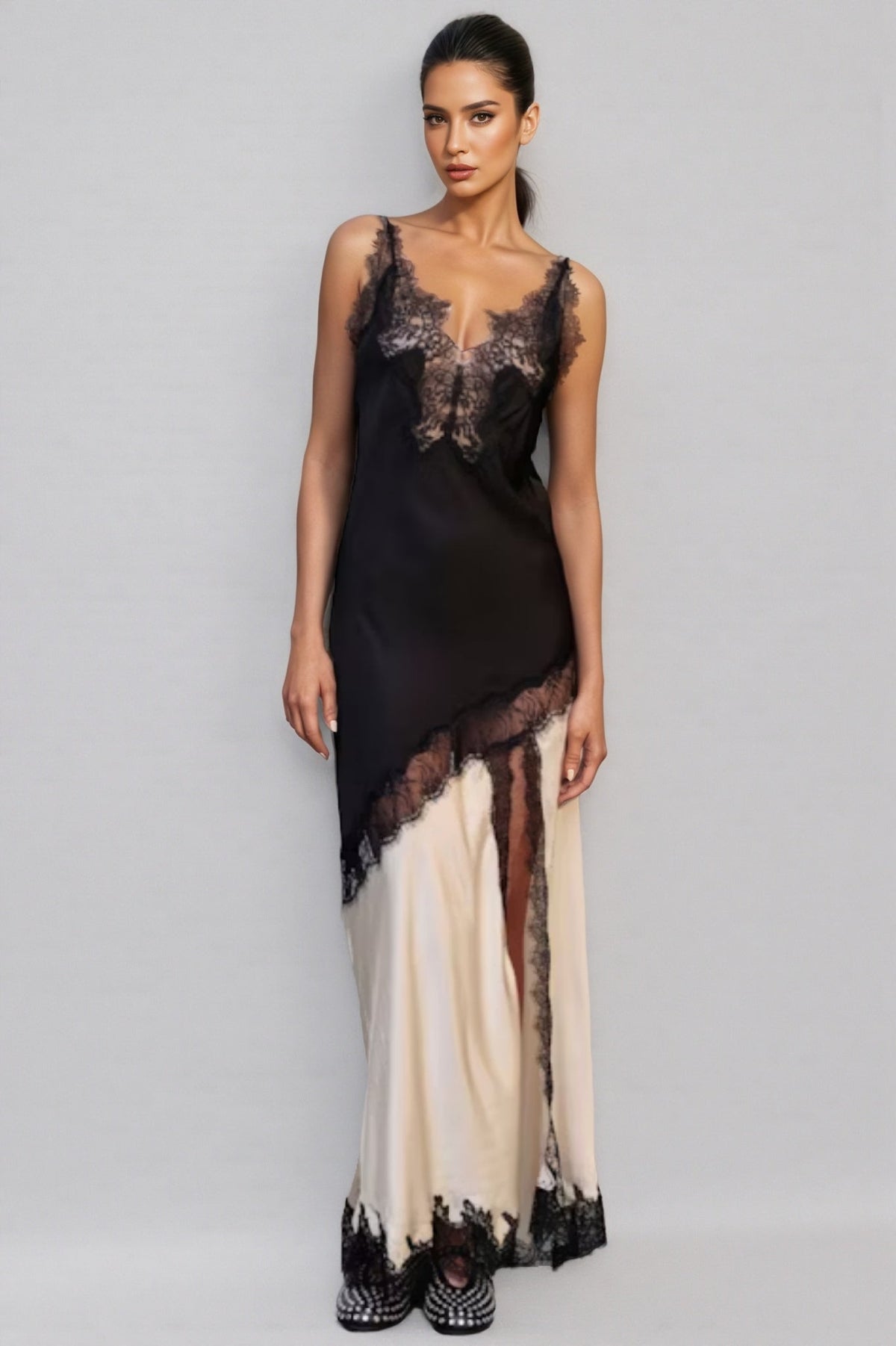 V-Neck Lace Trim Contrast Panel Satin Slip Maxi Dress