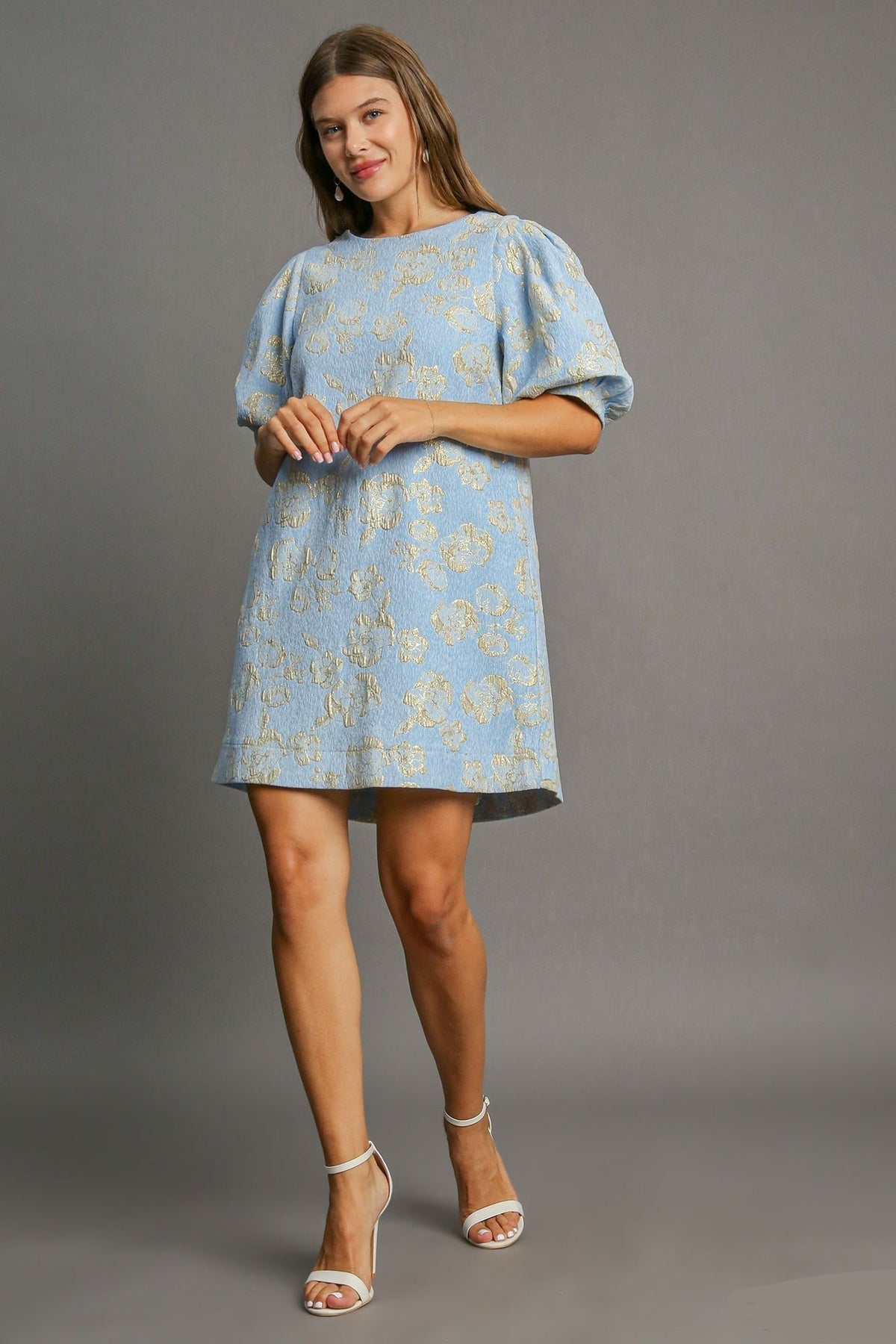 Floral Jacquard Puff Sleeve Mini Dress - View 4