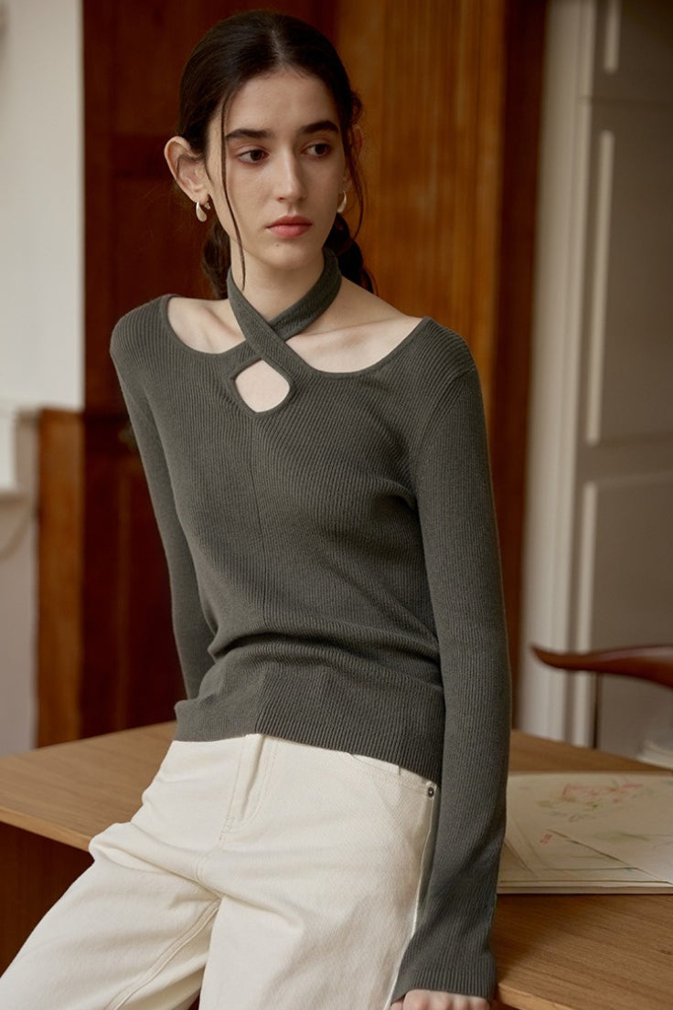 Halter Neck Openwork Wool Knit Top