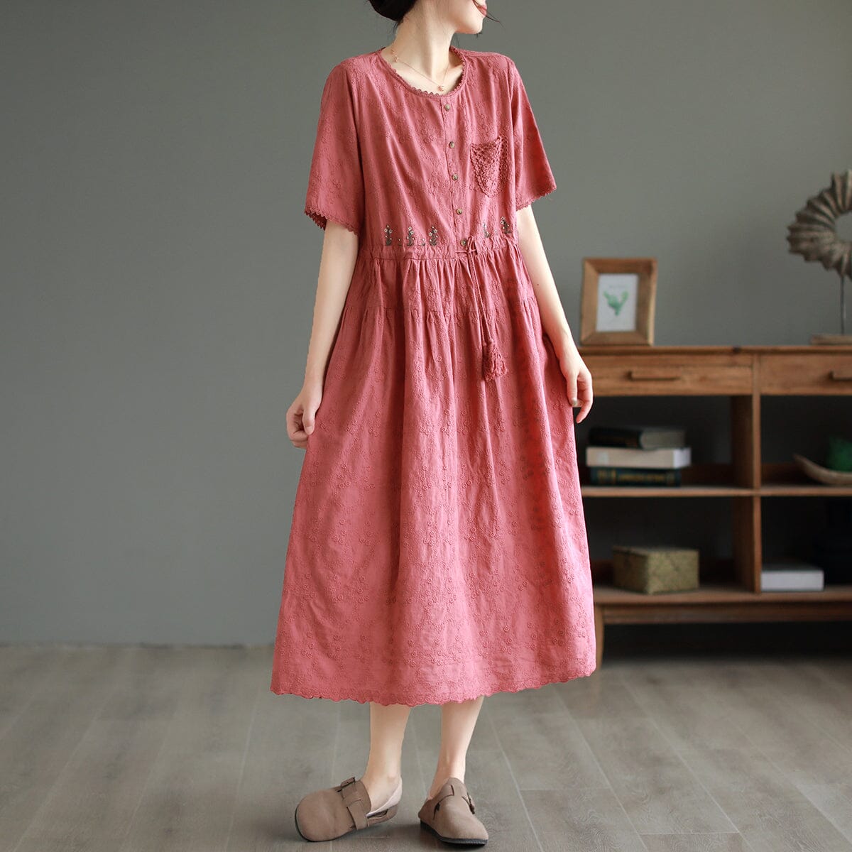 Embroidered Floral Scallop Trim Button Front Drawstring Waist Tiered Midi Dress