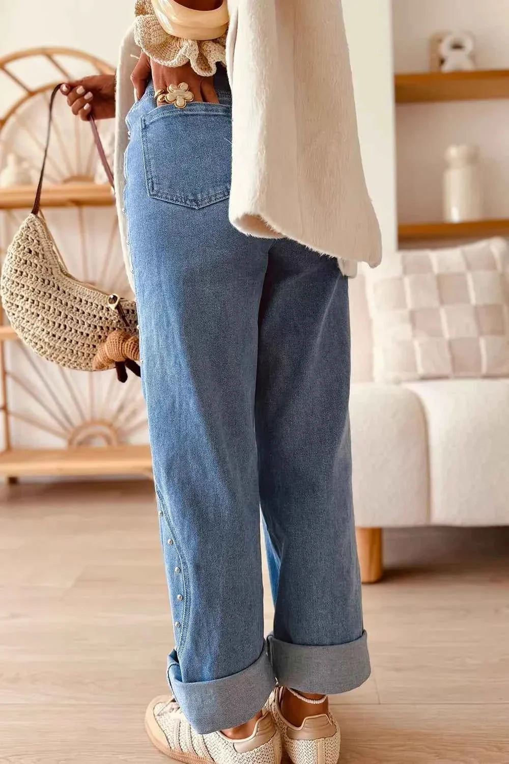 High Waist Studded Side Seam Cuffed Straight Leg Jeans 5