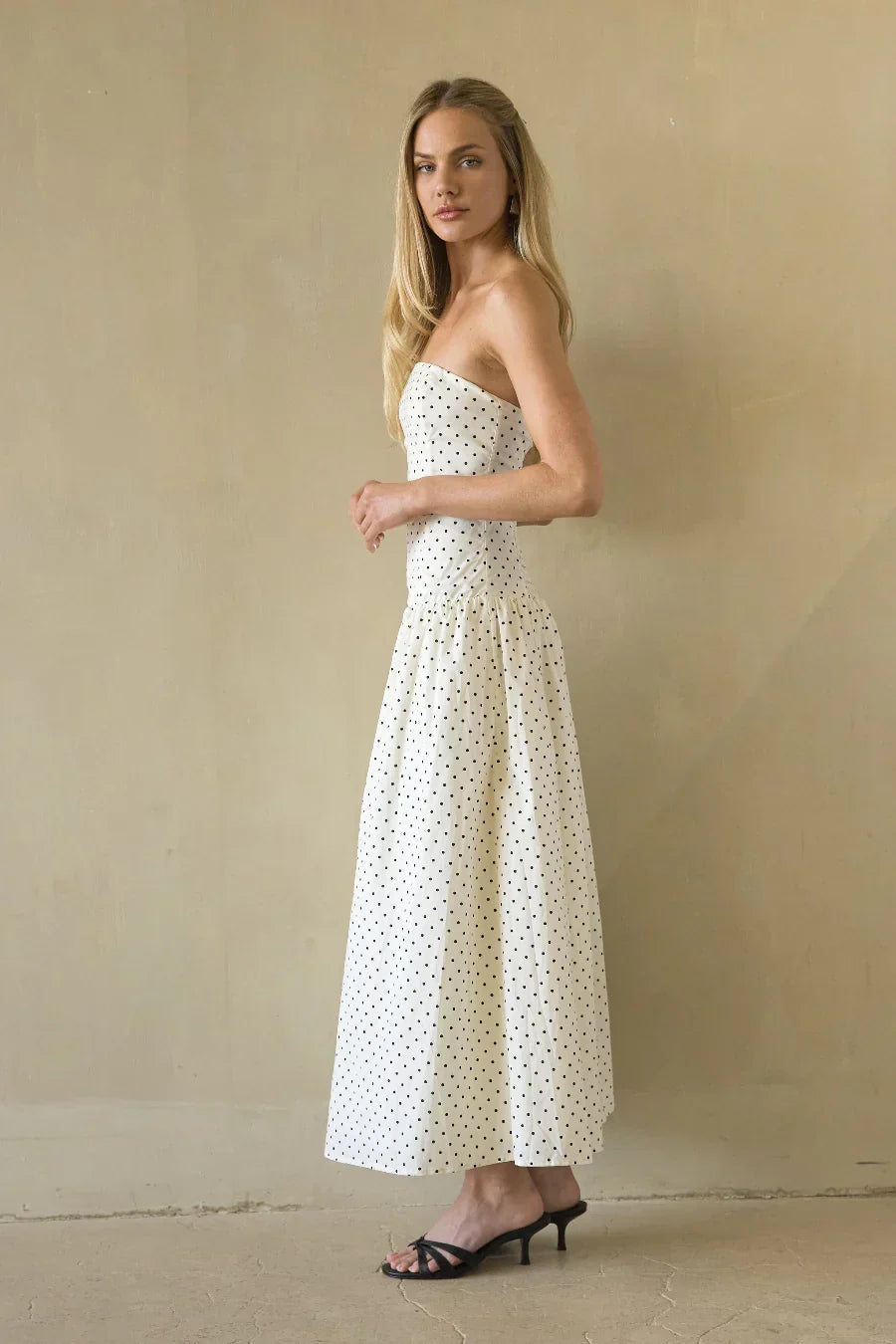 Polka Dot Strapless Drop Waist Gathered Midi Dress 7