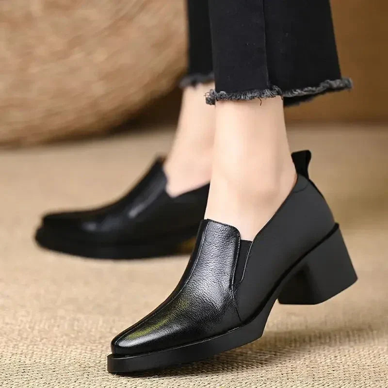 Pointed Toe Slip On Block Heel Loafer Pumps