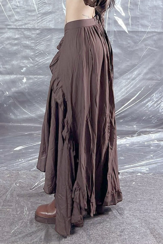 Low Rise Bow Front Ruffle Trim Asymmetric High Low Maxi Skirt 4