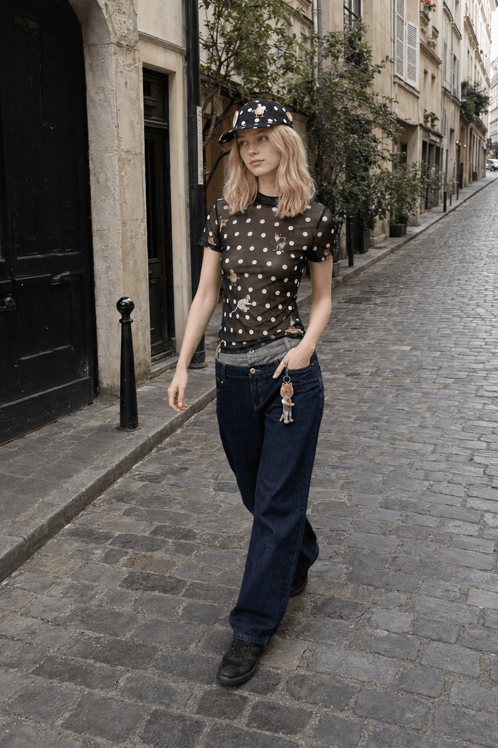 Sheer Polka Dot Mesh Crew Neck Long Sleeve Crop Top