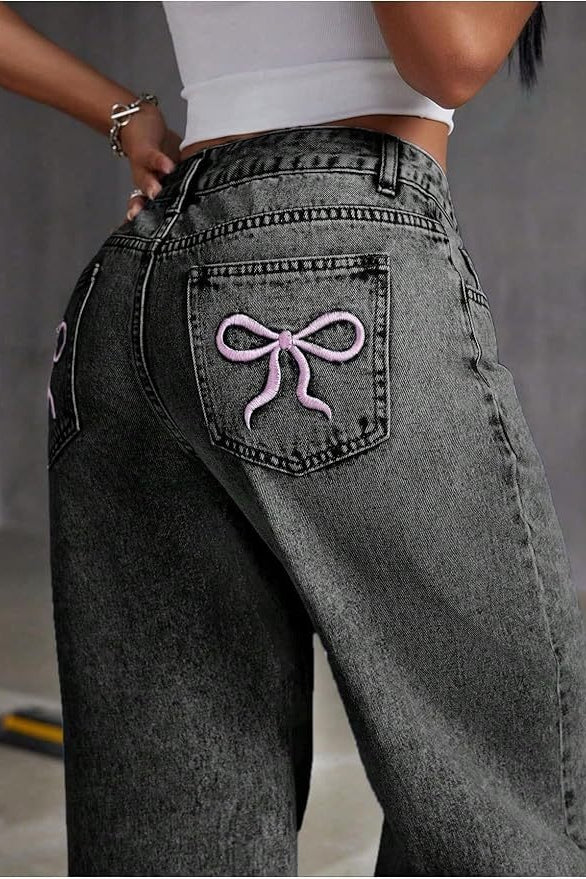 Y2K Bow Embroidered High Waist Straight Loose Jeans