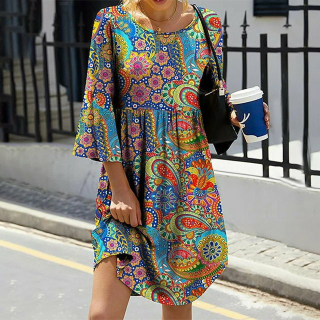 Paisley Print Scoop Neck Bell Sleeve Empire Waist Babydoll Mini Dress