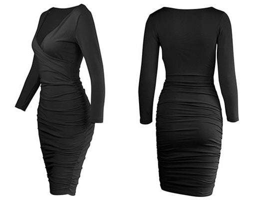 Deep V-Neck Long Sleeve Ruched Bodycon Midi Dress