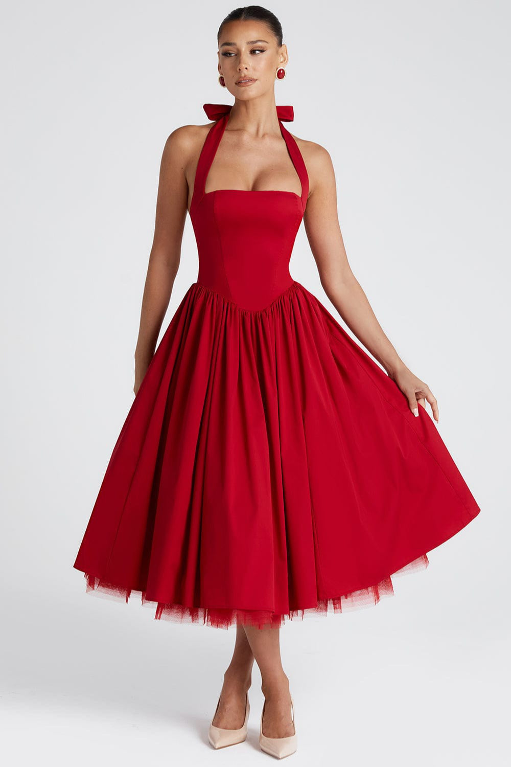 Halter Neck Basque Waist Pocket Gathered A-Line Midi Party Dress