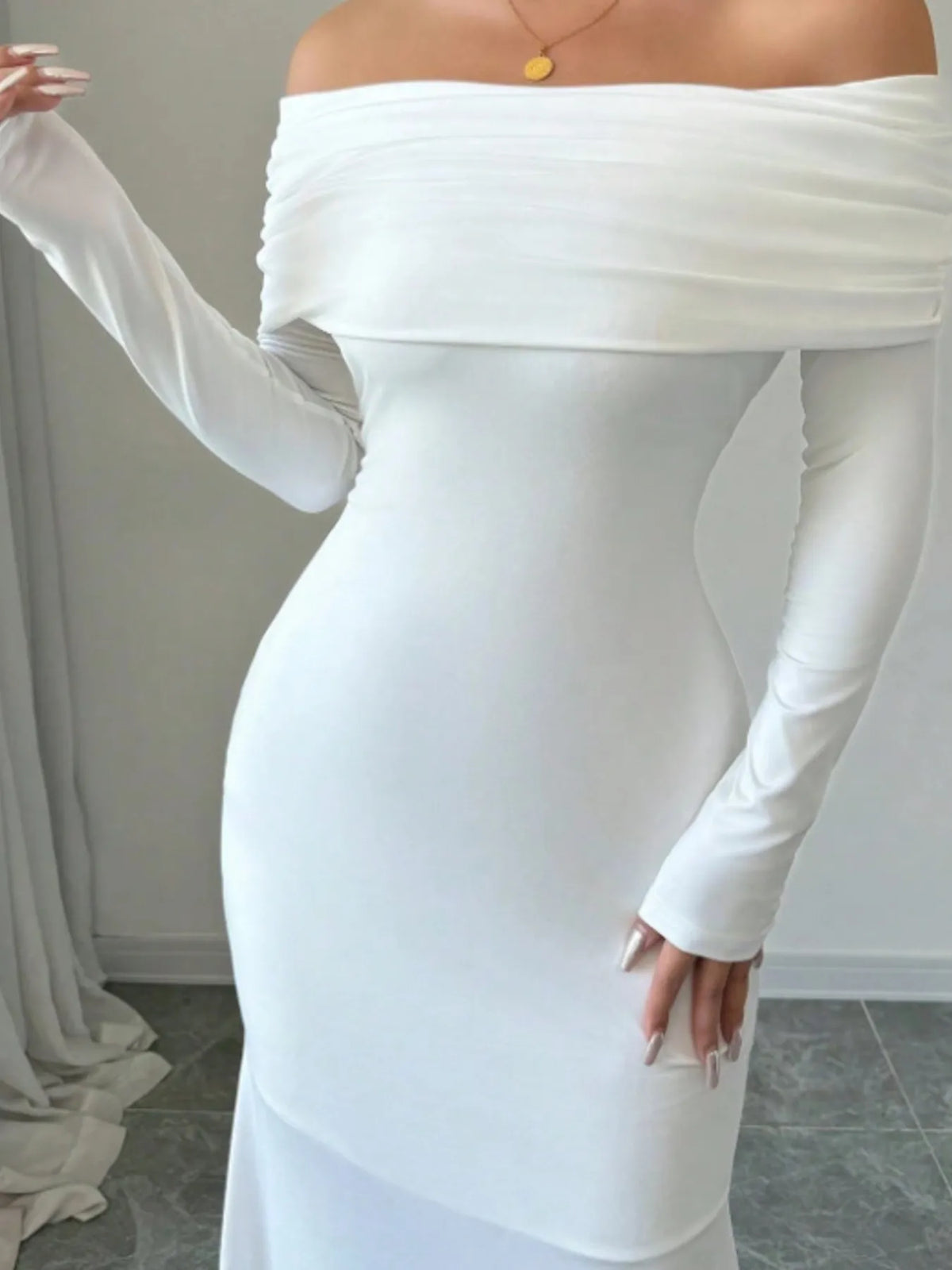 Fold Over Off Shoulder Long Sleeve Twist Back Bodycon Maxi Dress 8