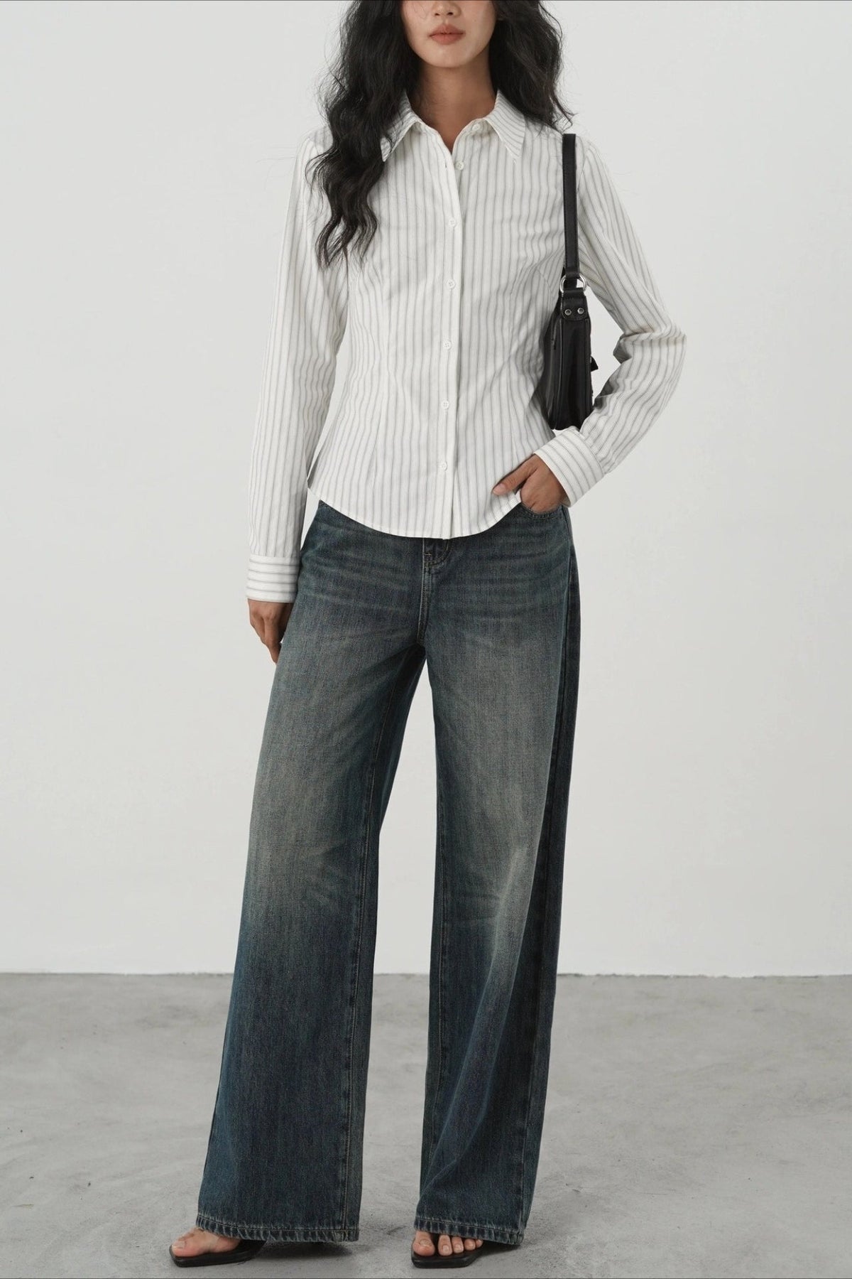 Striped Collared Long Sleeve Fitted Waist Button Front Shirt 5