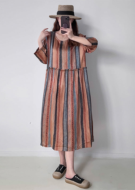 Vertical Stripe Round Neck Long Sleeve Empire Waist Oversized Midi Dress