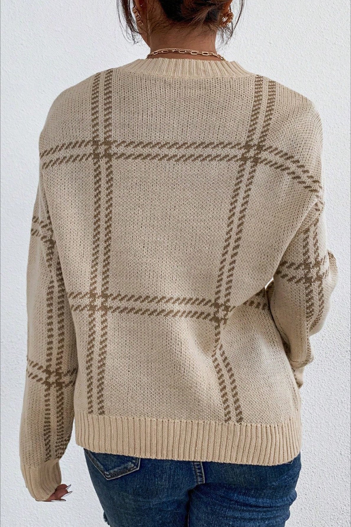 Plaid Stripe Crew Neck Knit Sweater