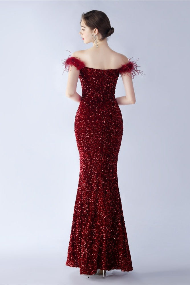 Sequin Off Shoulder Feather Trim High Split Mermaid Gown