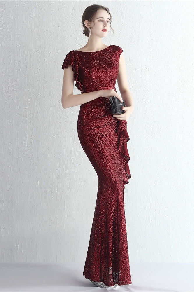 Sequin High Neck Cap Sleeve Ruffle High Split Mermaid Gown