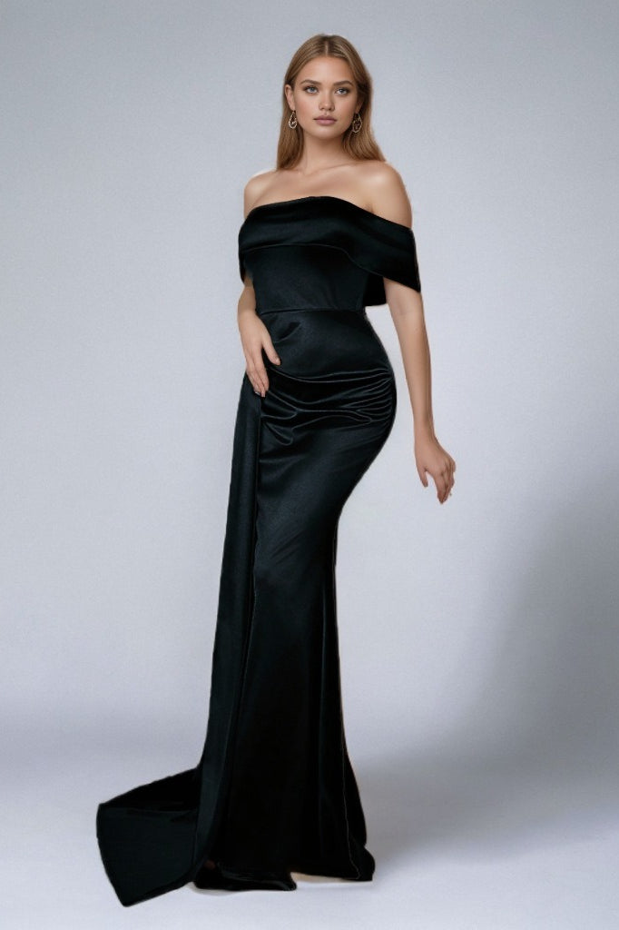 Satin Off Shoulder Ruched High Split Maxi Formal Gown