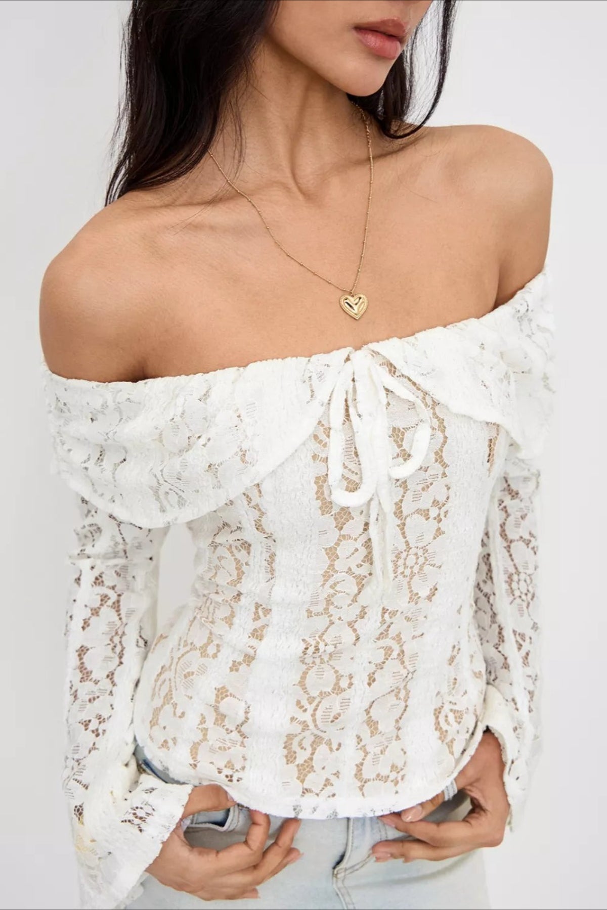 Off Shoulder Floral Lace Tie Front Bell Sleeve Top 5