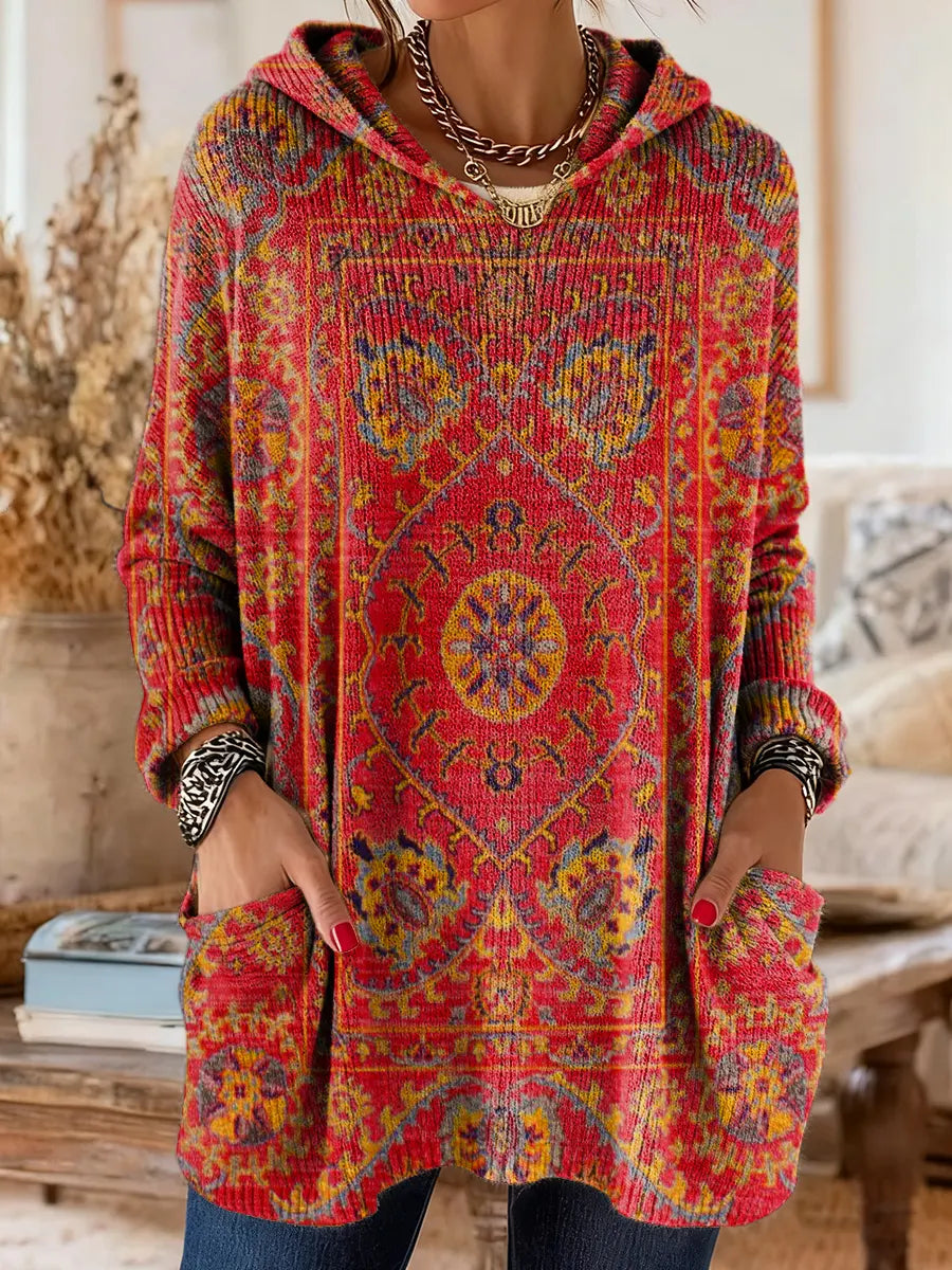 Medallion Print Hooded Oversized Tunic Sweater