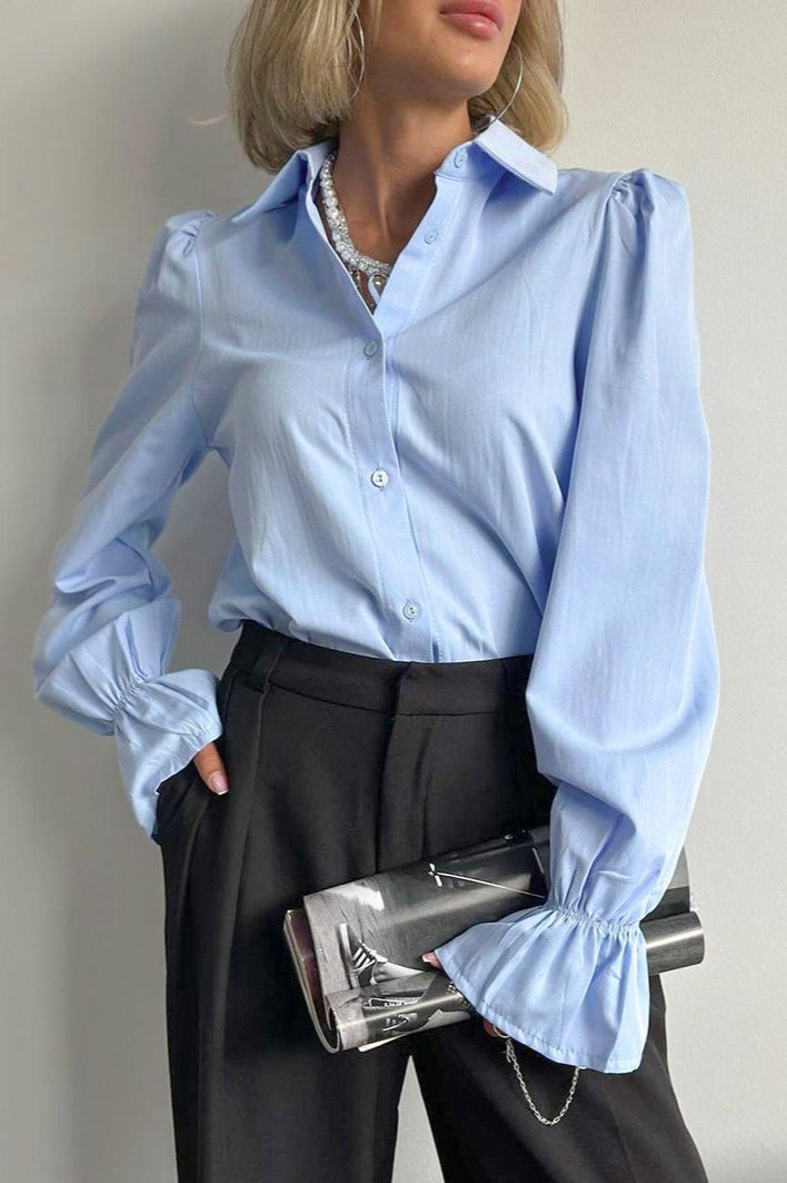 Collared Puff Shoulder Ruffle Cuff Long Sleeve Button Front Shirt