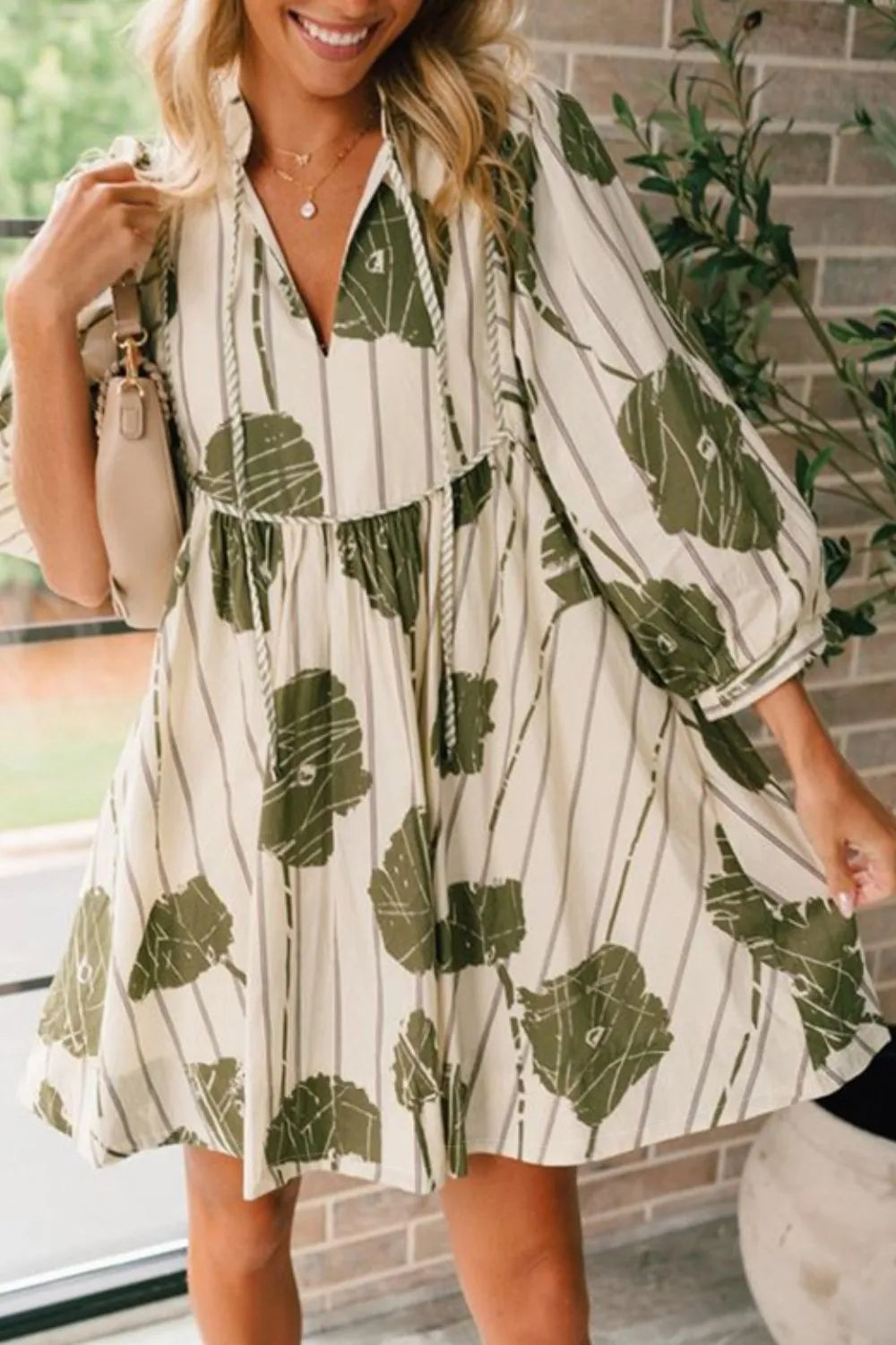 Striped Floral Print Tie Neck Balloon Sleeve Babydoll Mini Dress