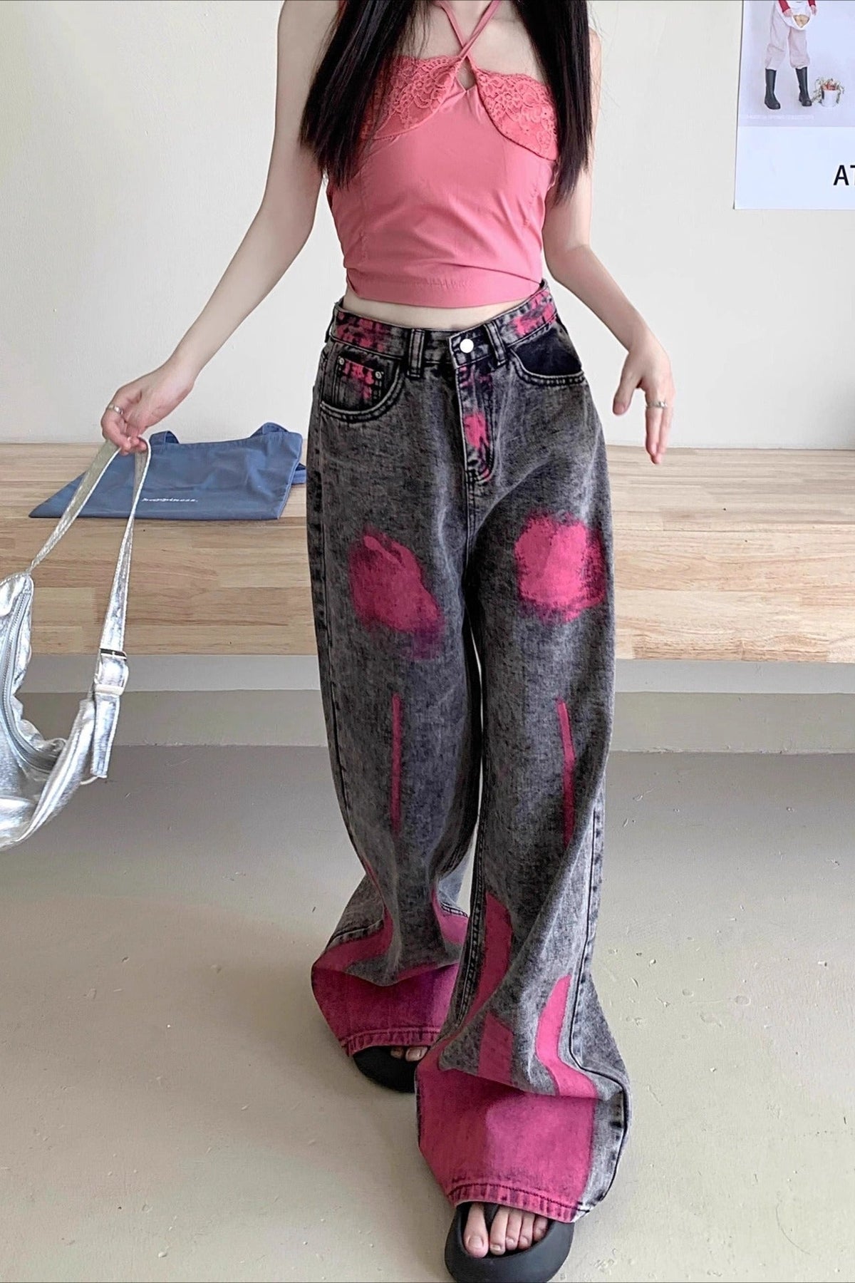 Acid Wash Graffiti Paint Print High Waist Wide Leg Jeans 2