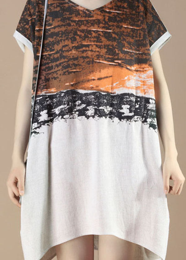 Colorblock Patchwork V-Neck Short Sleeve Asymmetric Hem Midi Dress