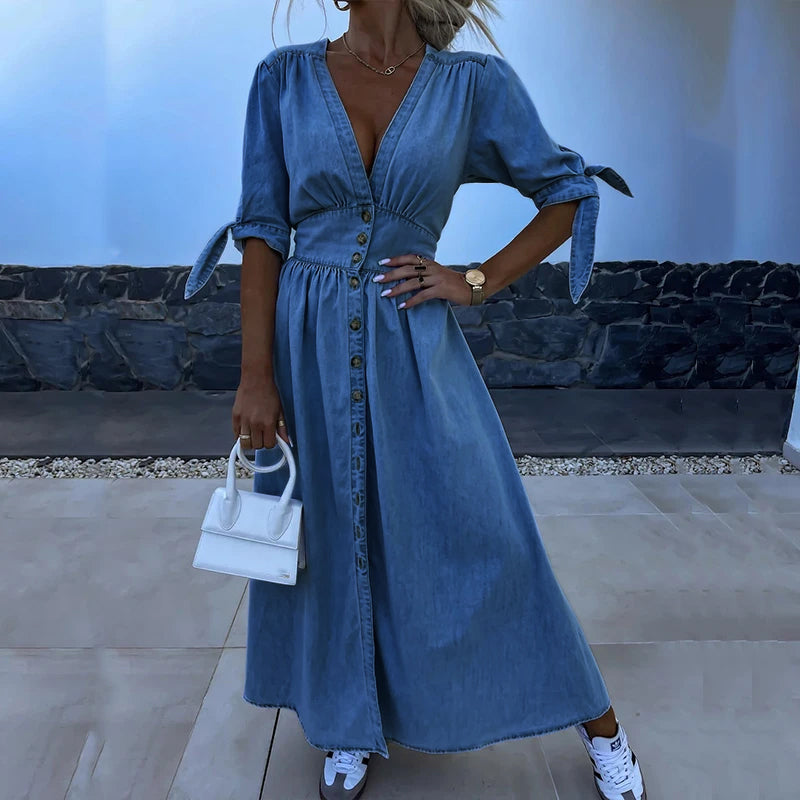 Chambray Button Front Deep V-Neck Tie Cuff Short Sleeve Maxi Dress