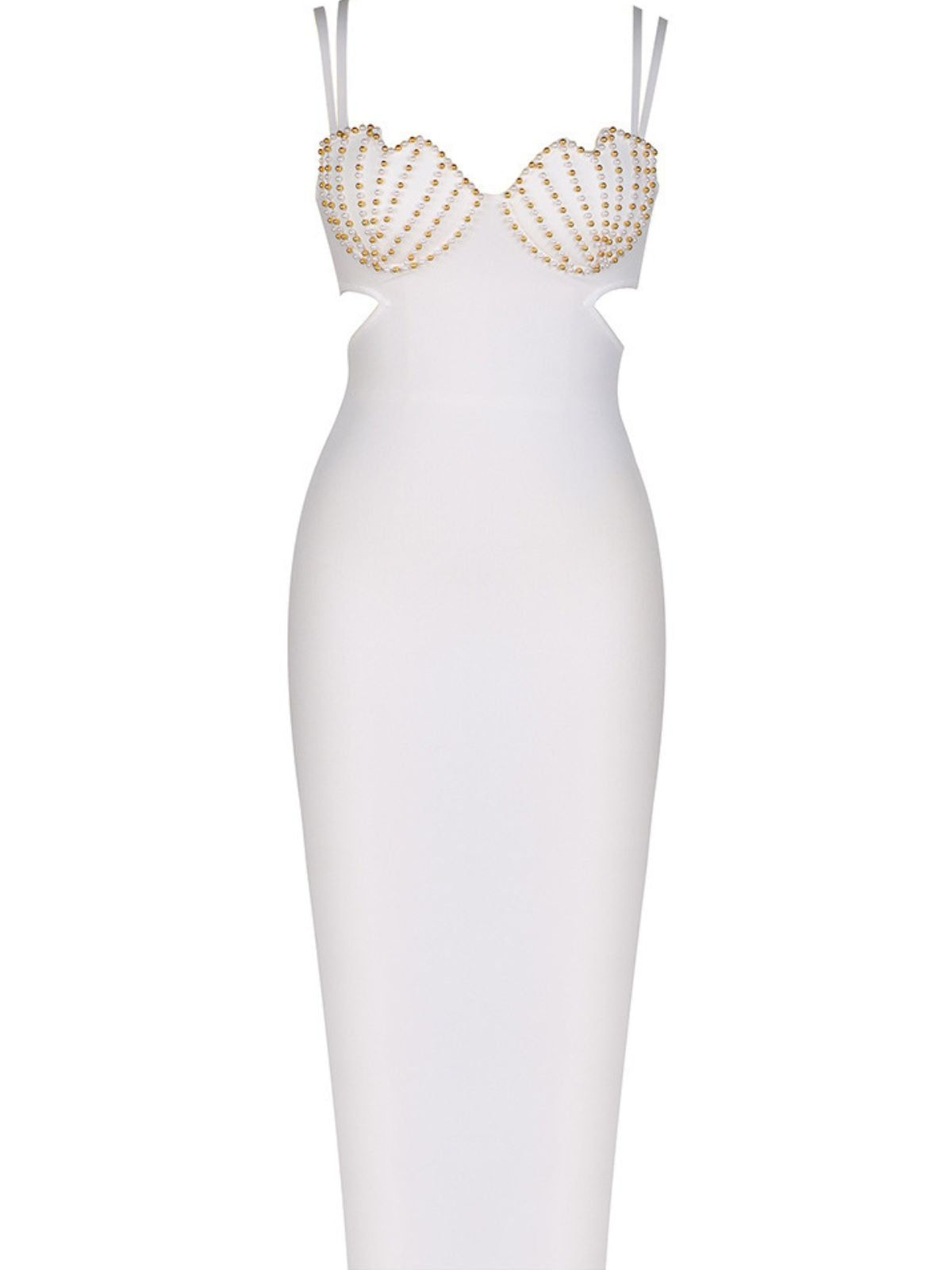 Beaded Scallop Cup Double Strap Waist Cut Out Bandage Midi Dress